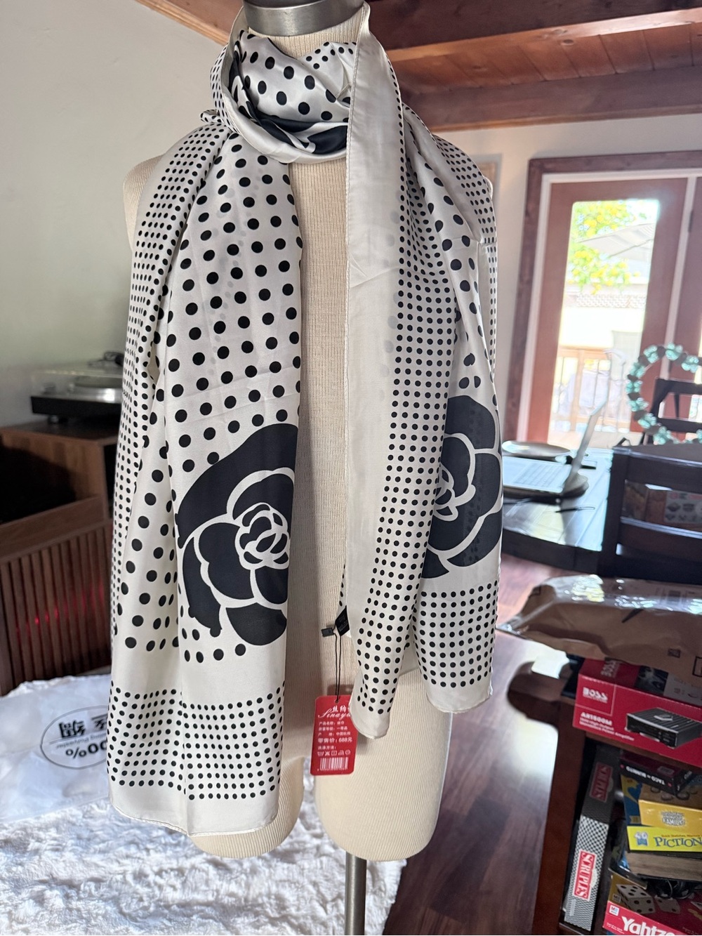 Elegant Black & White Floral Polka Dot Scarf Silk Feel